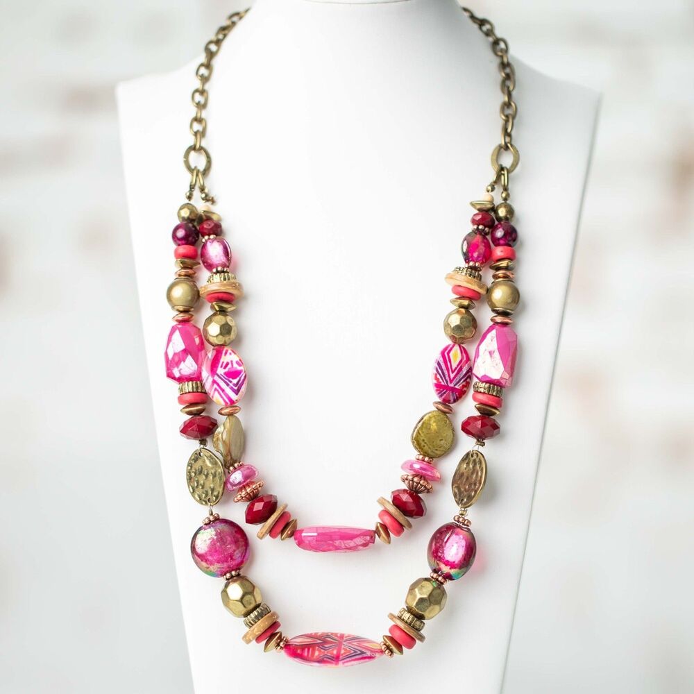 Ruby Rd Pink Gold Multi Strand Statement Necklace Boho Chunky Beaded Adjustable